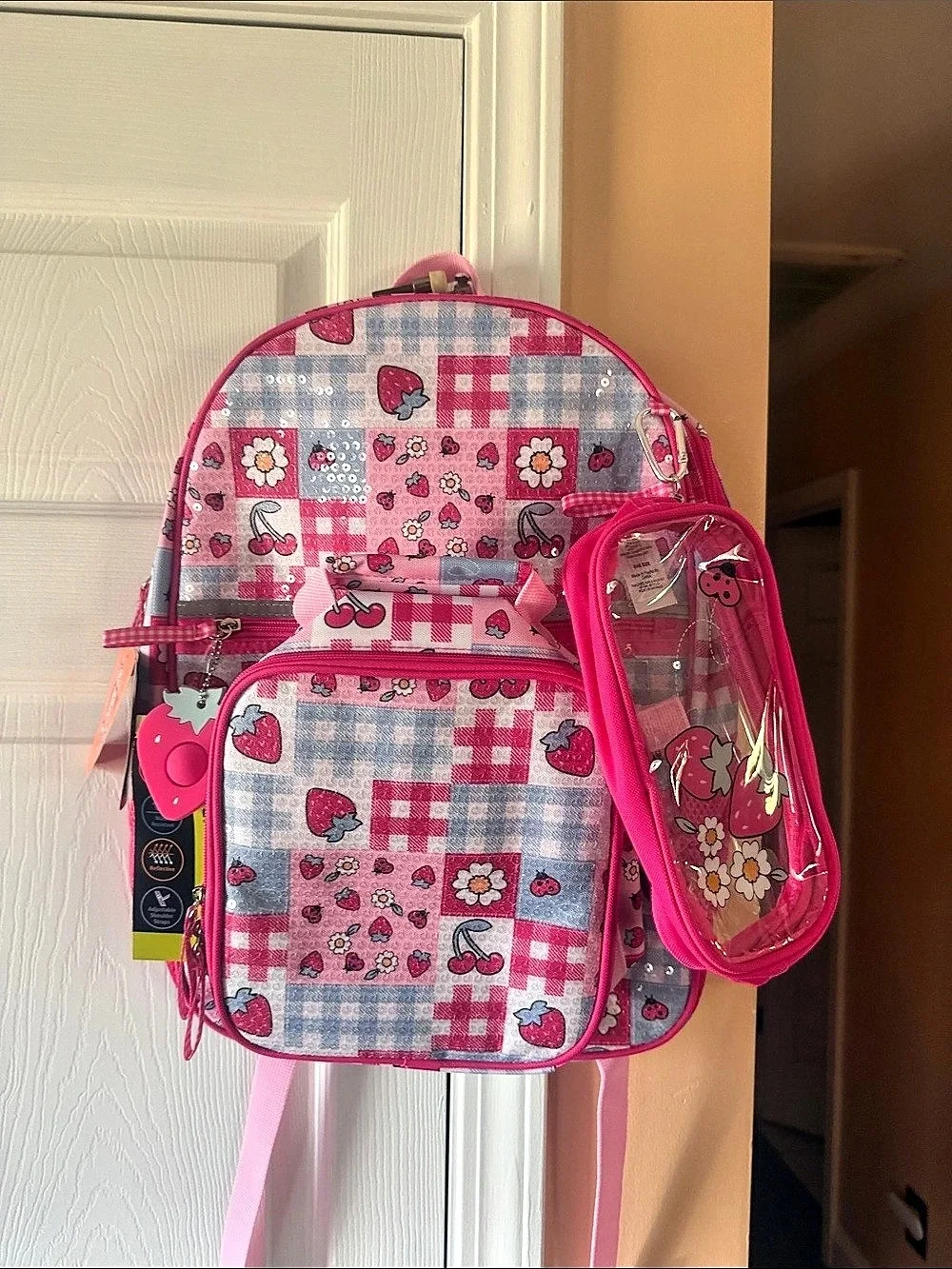 Wonder Nation 17 Inch Backpack 4 Piece Set Pink Strawberry Gingham Berry Patch